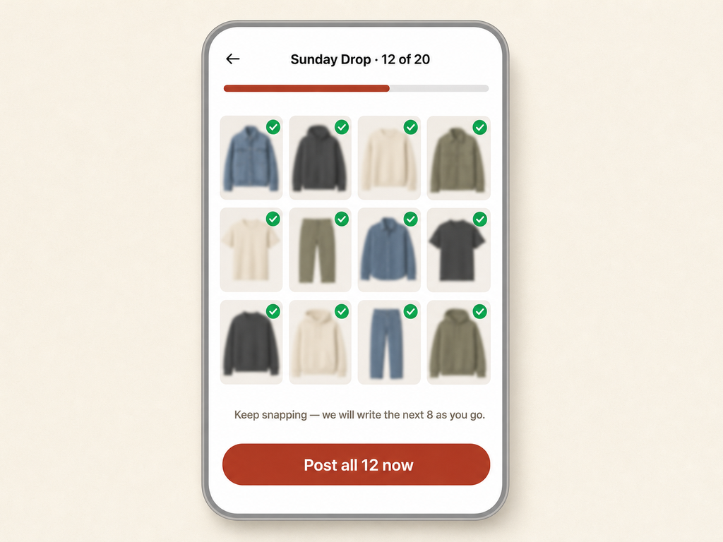 Mobile app screen showing a Sunday Drop queue, 12 of 20 listings live, with a 4-column grid of garment thumbnails each marked with a green checkmark.