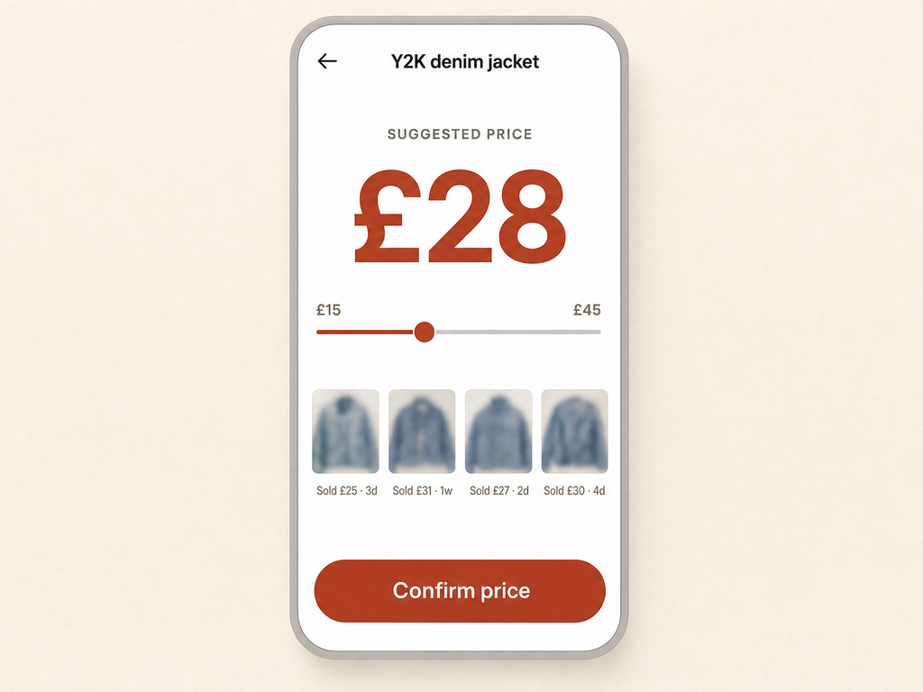 Mobile app screen showing a £28 suggested price with a price slider and a row of recent sold-comp thumbnails labeled £25, £31, £27, £30.