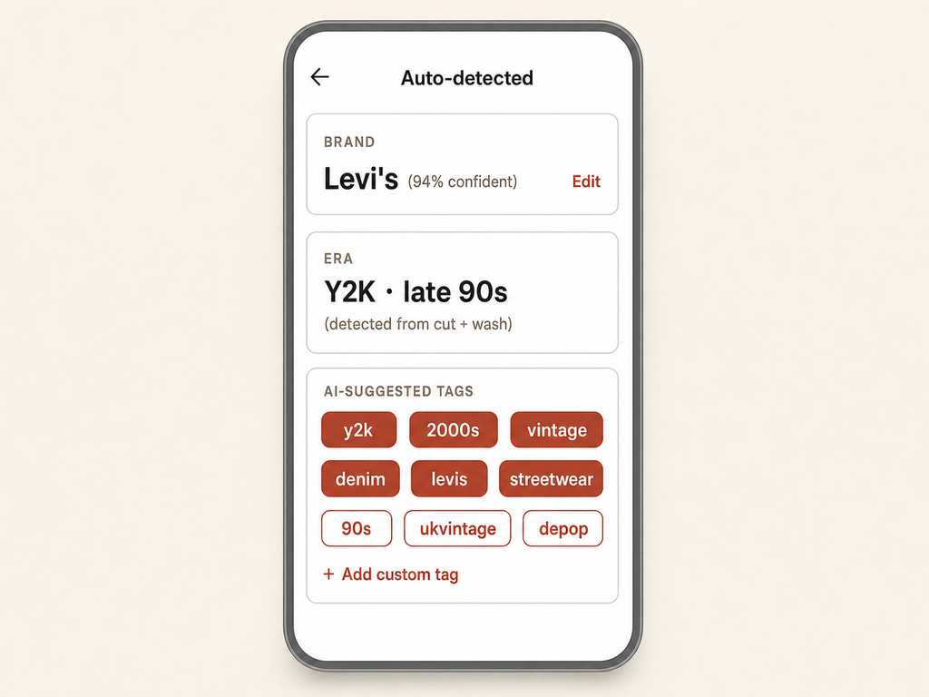 Mobile app screen showing auto-detected brand Levi's at 94% confidence, era Y2K · late 90s, and a grid of AI-suggested tags: y2k, 2000s, vintage, denim, streetwear, levis.