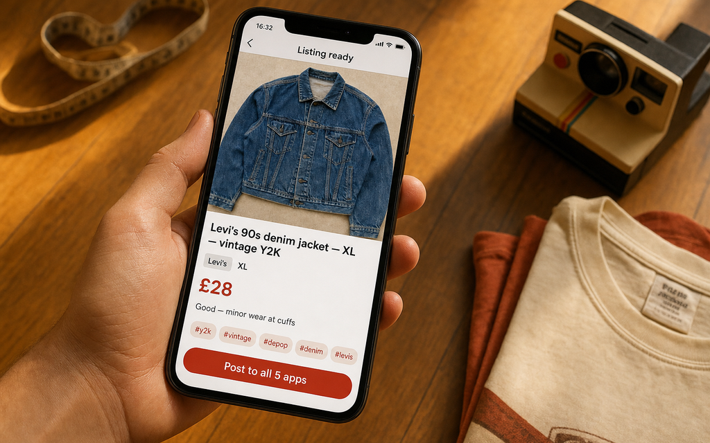A hand holding a phone showing the One Shot app — a generated Depop listing for a vintage Y2K Levi's denim jacket with auto-filled title, brand, £28 price, condition, and hashtags.
